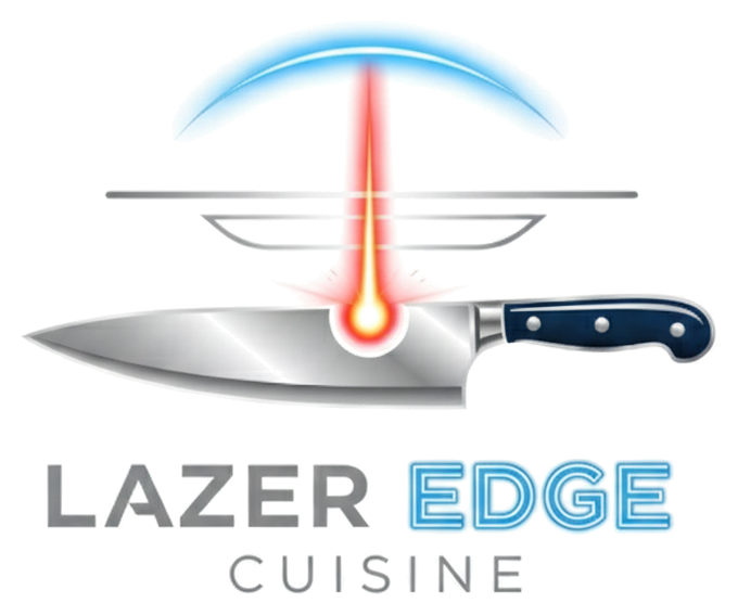 Lazer Edge Cuisine logo: a chef's knife with a red laser line
